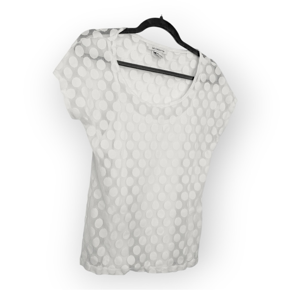 Liz Claiborne White Polka Dot Mesh Overlay Sheer Blouse Preppy Classic Medium - Picture 2 of 5